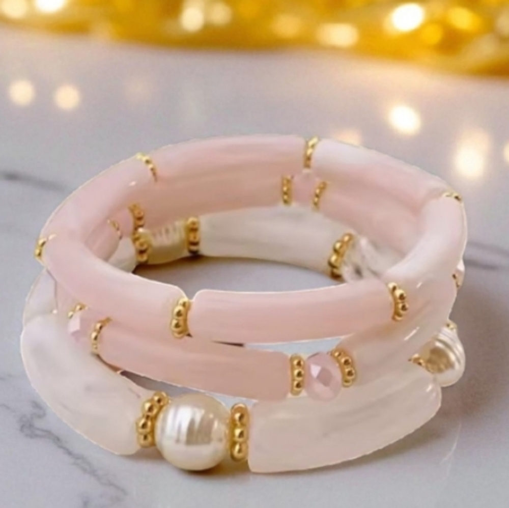 3 PC Pink & White Resin with Pearls & Gold Accents Stackable Bracelet Set